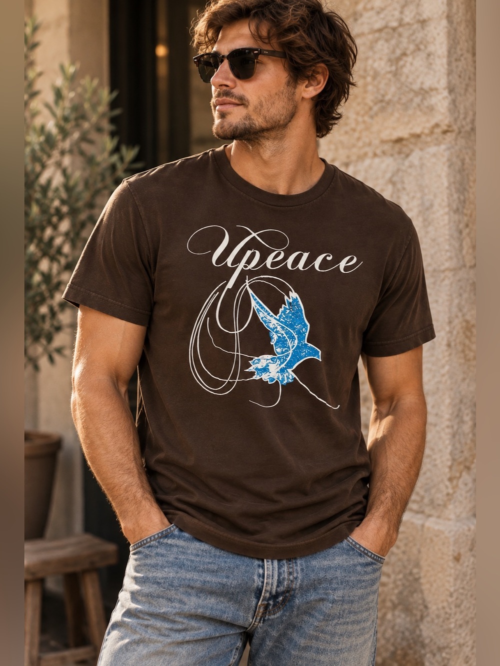 Alternative Apparel Upeace Dove Graphic Brown Tee Shirt Size M Soft 100% Cotton